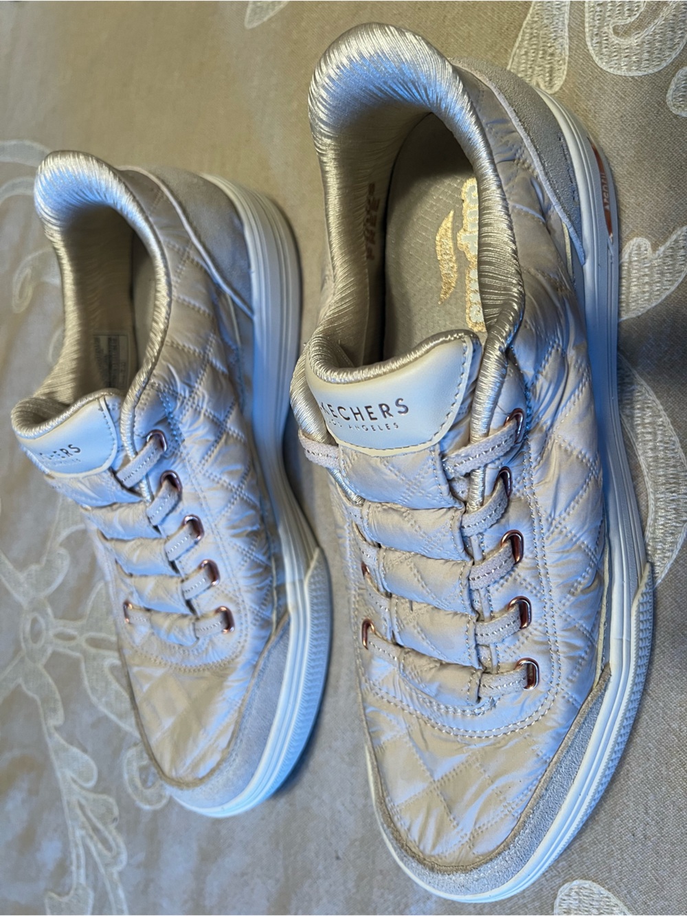 Skechers Metallic Quilted Slip-On Sneakers - Champagne/Gold Accents